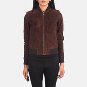Detalle de cerca of Varsity - Rib Knit &amp; Zipper with Wind Flap Hardware on Women's Bliss Marrón Suede Cazadora Bomber de Cuero para Mujer
