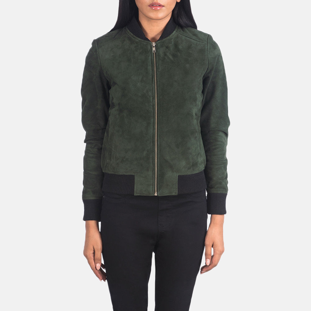 Detalle de cerca of Varsity - Rib Knit &amp; Zipper with Wind Flap Hardware on Women's Bliss Verde Suede Cazadora Bomber de Cuero para Mujer