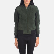 Detalle de cerca of Varsity - Rib Knit &amp; Zipper with Wind Flap Hardware on Women's Bliss Verde Suede Cazadora Bomber de Cuero para Mujer