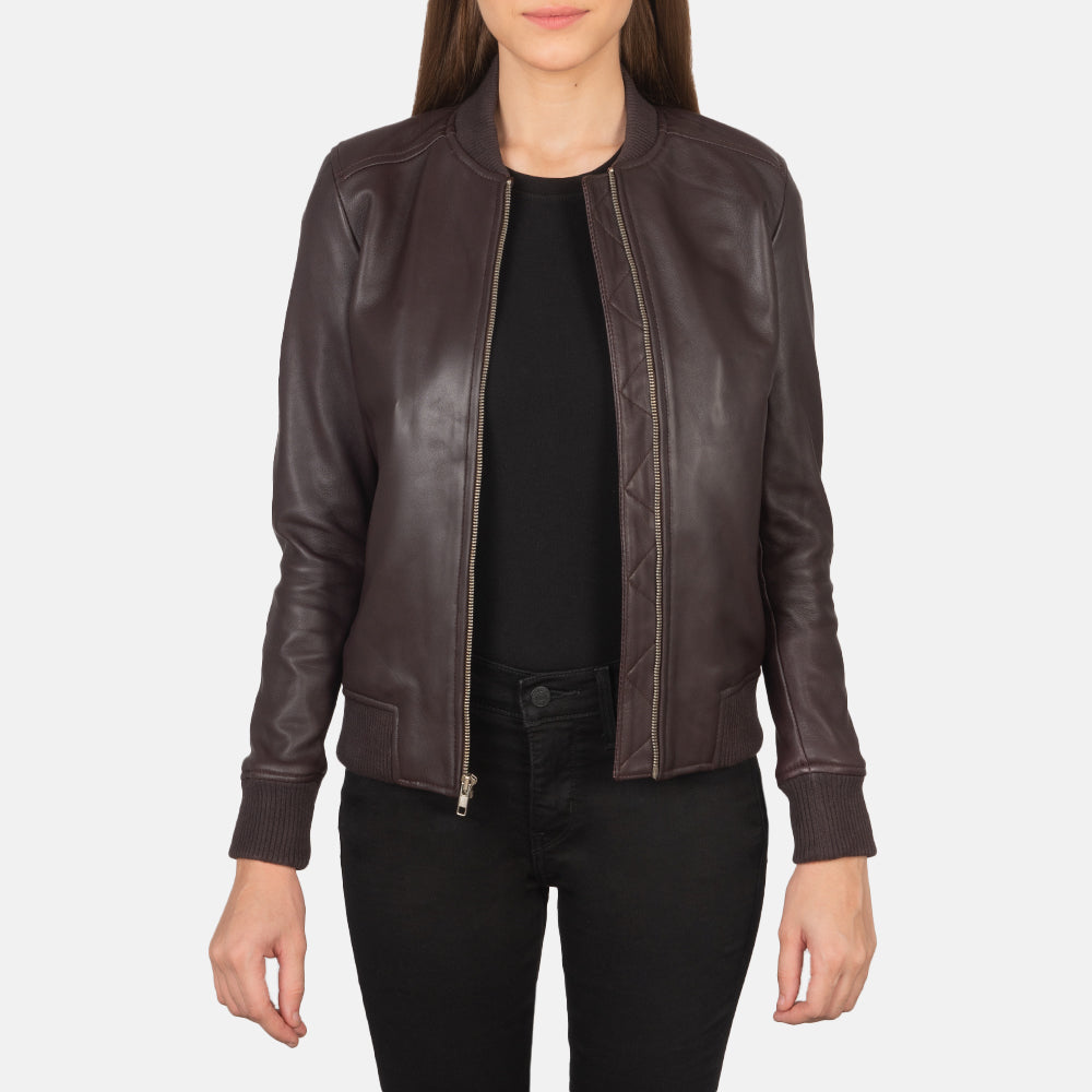 Women's Bliss Granate Cazadora Bomber de Cuero para Mujer in Maroon Sheepskin Leather - Vista frontal y silueta a medida | Comprar online