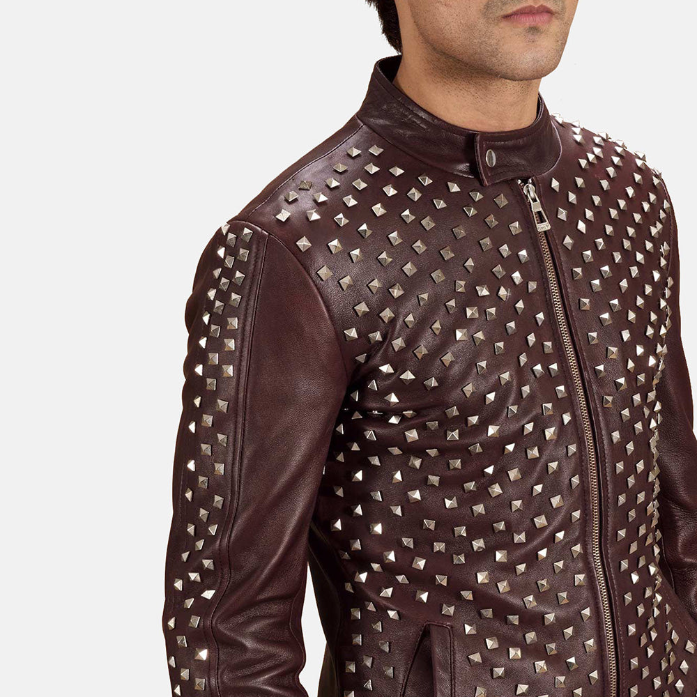 Close-Up Detail of Band with snap button & Zipper Hardware on Blix Bono Maroon Leather Biker Jacket