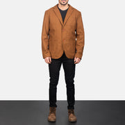 Men's Khaki Wool Blazer - Vista de perfil lateral con corte ergonómico de manga