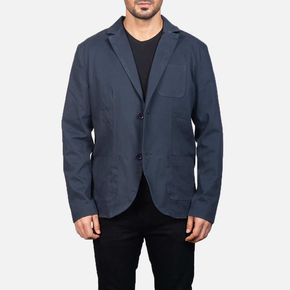Borges Navy Azul Blazer de Cuero para Hombre in Navy Blue Poly-Cotton - Vista frontal y silueta a medida | Comprar online