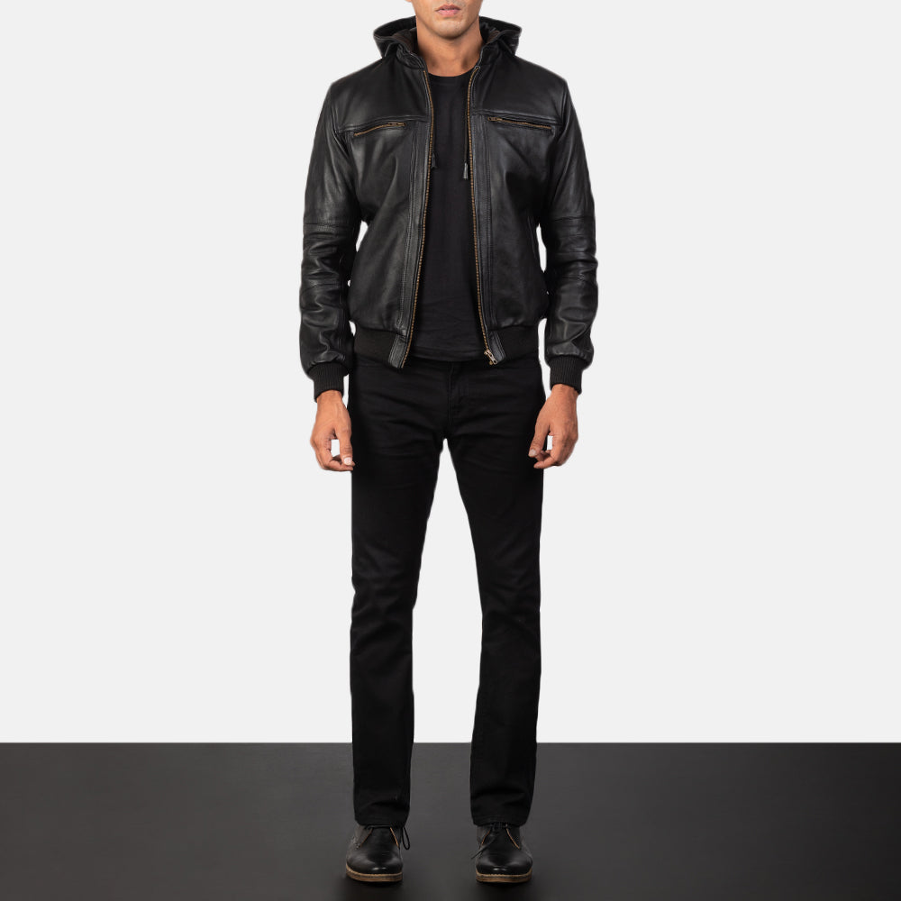 
Vista de detalle of Band & Zipper Hardware on Bouncer Biz Black Leather Hooded Bomber Jacket