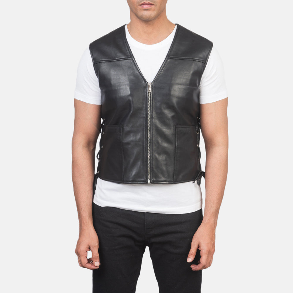 Detalle de cerca of Classic Collar &amp; Zipper Hardware on Men's Brandon Negro Chaleco de Cuero para Hombre
