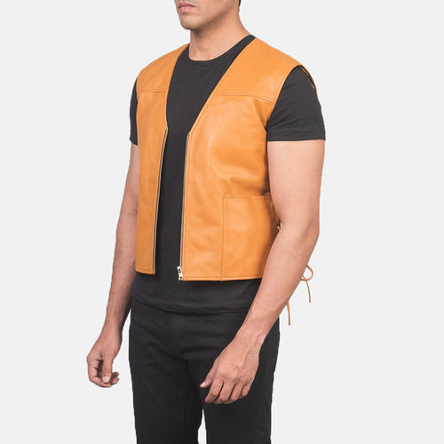 Tan Brown Sheepskin leather Vest - Back View Showing Tailored Shoulder Fit & Clean Hemline