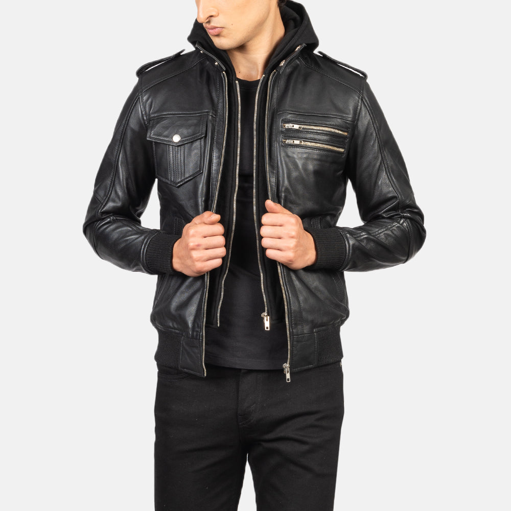 Men's Bravado Black Hooded Leather Bomber Jacket in Black Sheepskin Leather - Vista frontal y silueta a medida | Comprar online