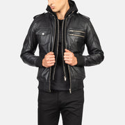 Men's Bravado Black Hooded Leather Bomber Jacket in Black Sheepskin Leather - Vista frontal y silueta a medida | Comprar online