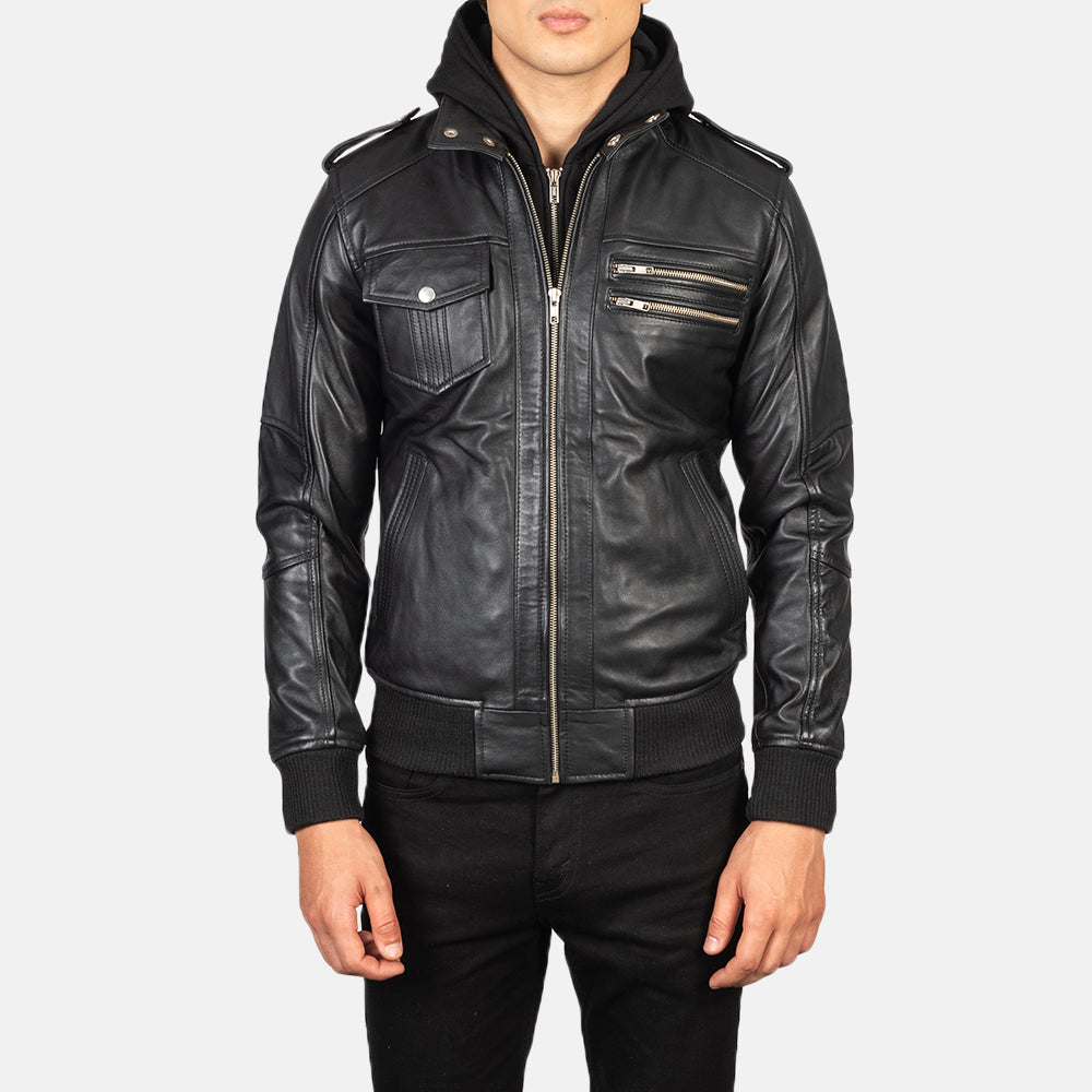 Detalle de cerca of High Neck &amp; Zipper Hardware on Men's Bravado Black Hooded Leather Bomber Jacket