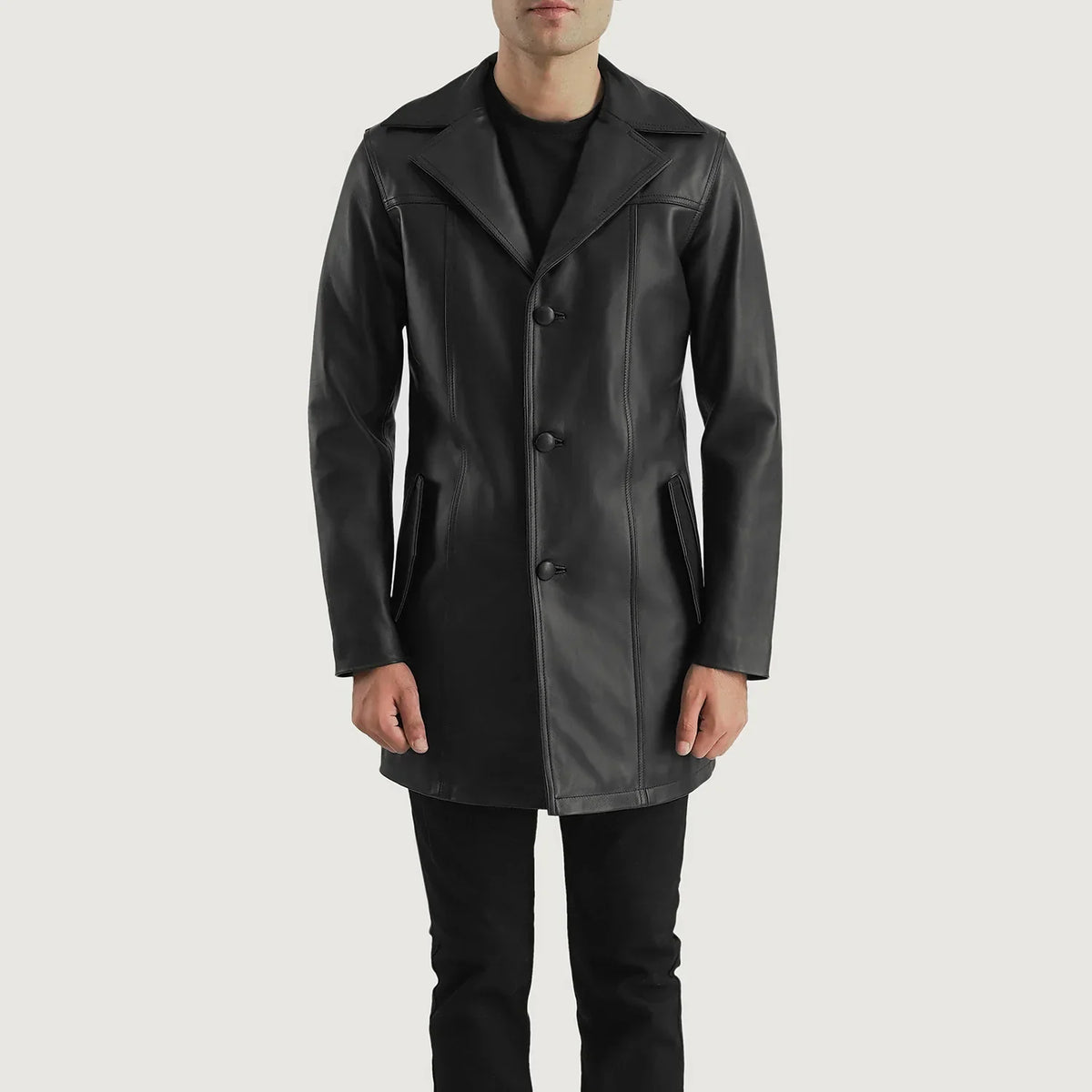 Detalle de cerca of Notch &amp; Button Hardware on Brawnton Negro Abrigo de Cuero para Hombre