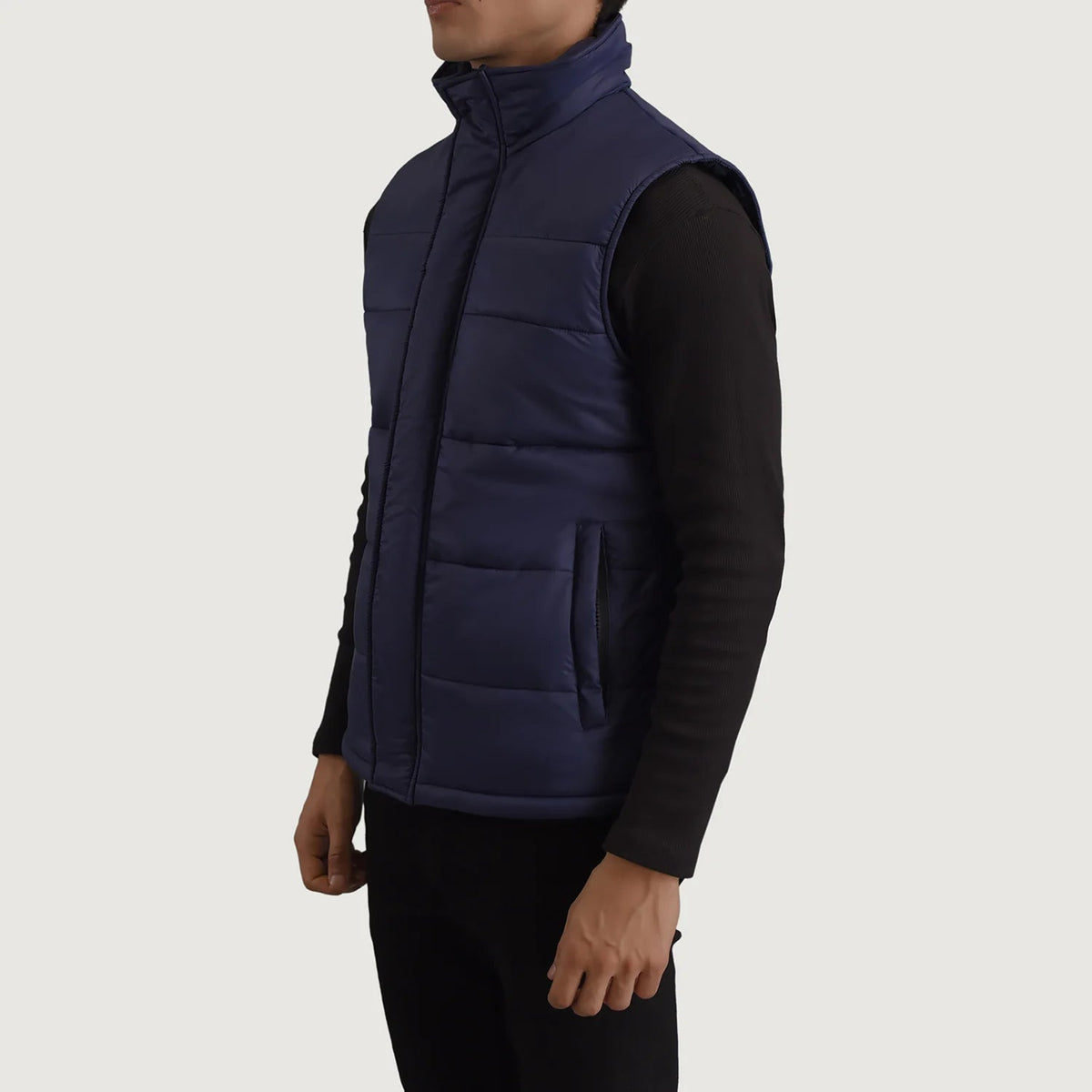 Blue Full-Grain leather Vest - Vista trasera con ajuste entallado en hombros y bajo impecable