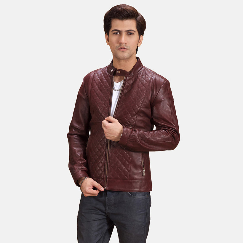Burgunn Dee Granate Chaqueta Biker de Cuero para Hombre