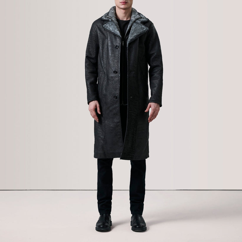 Cai Efecto Envejecido Negro Leather Shearling Abrigo de Cuero para Hombre