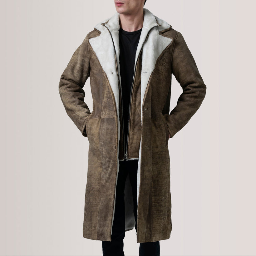 Cai Efecto Envejecido Marrón Leather Shearling Abrigo de Cuero para Hombre