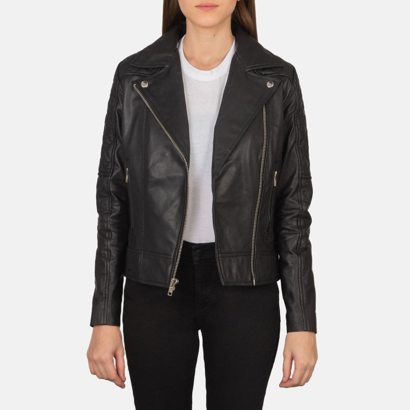 Carolyn Acolchado Negro Chaqueta Biker de Cuero para Mujer
