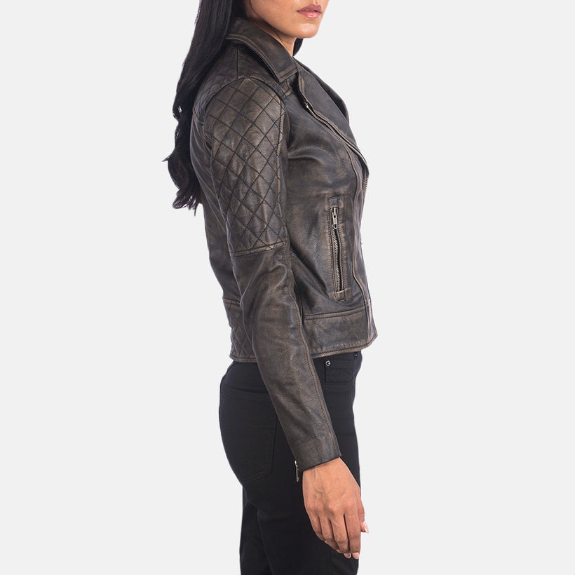 Carolyn Acolchado Efecto Envejecido Marrón Chaqueta Biker de Cuero para Mujer