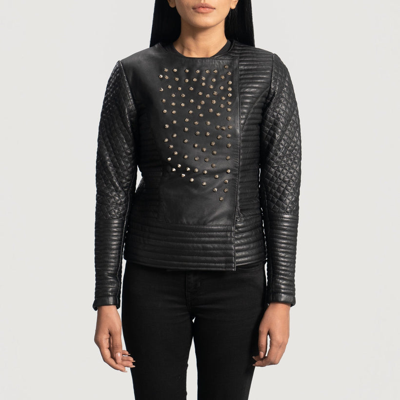 Celeste Studded Negro Chaqueta de Cuero para Mujer