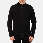 Detalle de cerca of Mandarin &amp; Zipper with Dual Puller Hardware on Men's Charcoal Negro Suede Chaqueta Biker de Cuero para Hombre
