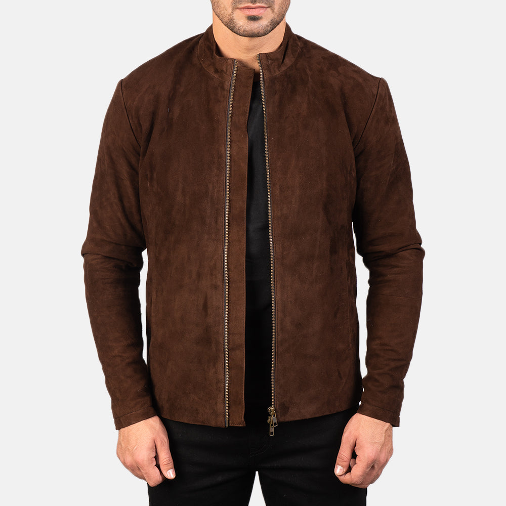 Men's Charcoal Mocha Suede Chaqueta Biker de Cuero para Hombre in Dark Brown Goatskin Suede - Vista frontal y silueta a medida | Comprar online