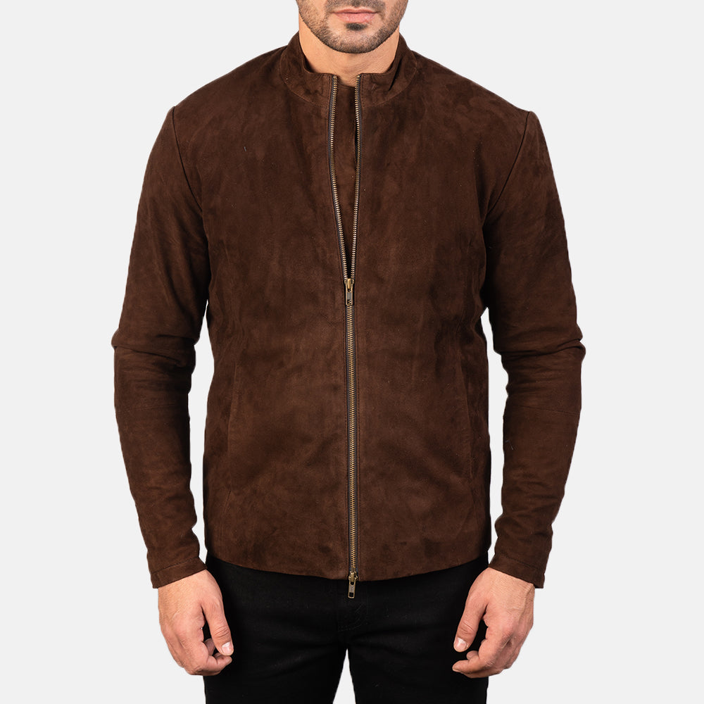 Detalle de cerca of Mandarin &amp; Zipper with Dual Puller Hardware on Men's Charcoal Mocha Suede Chaqueta Biker de Cuero para Hombre