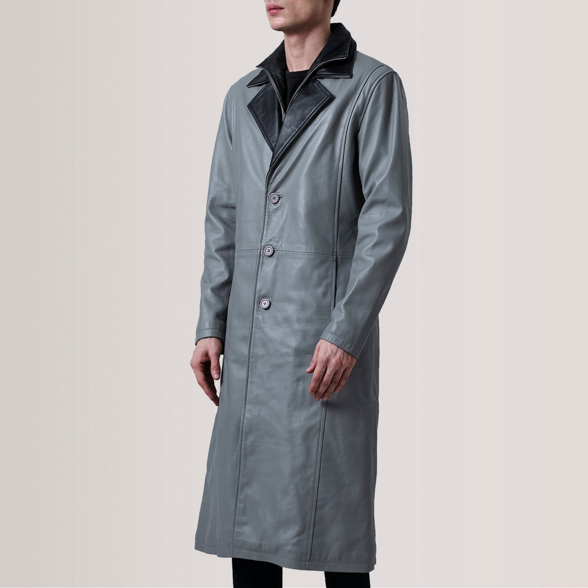 
Charlton Gris Leather Single Breasted Abrigo de Cuero para Hombre For Men - Vista lateral mostrando el corte ergonómico de mangas