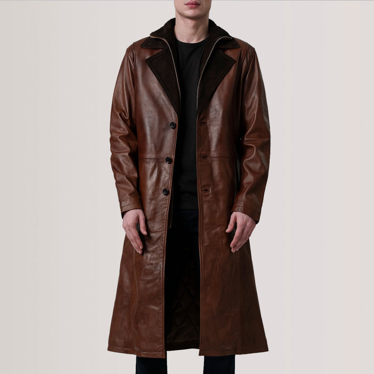 
Charlton Waxed Marrón Leather Single Breasted Abrigo de Cuero para Hombre For Men in Distressed Brown Sheepskin Burnished - Vista frontal y silueta entallada | Comprar online