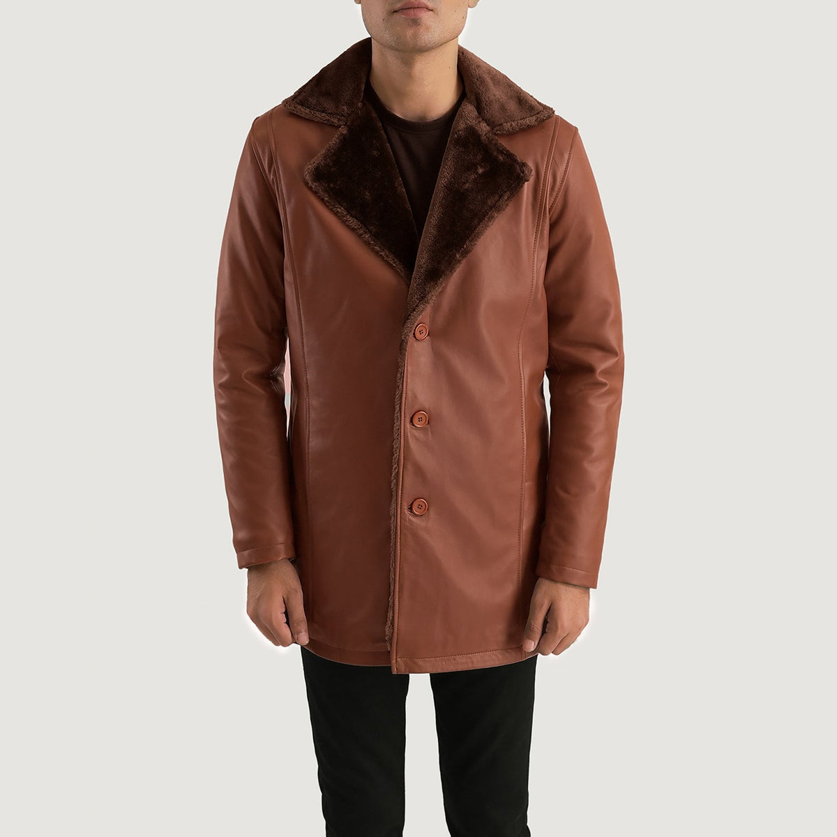 
Canela Marrón Leather Fur Abrigo de Cuero para Hombre in Brown Sheepskin Burnishing - Vista frontal y silueta entallada | Comprar online