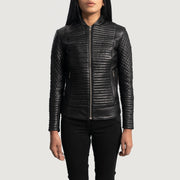 Women's Cityscape Negro Chaqueta Biker de Cuero para Mujer in Black Sheepskin Leather - Vista frontal y silueta a medida | Comprar online