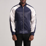 
Clarke Azul Varsity Chaqueta de Cuero para Hombre in Blue & White Satin - Vista frontal y silueta entallada | Comprar online
