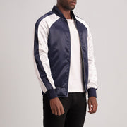 
Blue & White Satin Varsity Jacket - Vista posterior con hombros definidos y bajo impecable