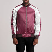 Clarke Granate Varsity Chaqueta de Cuero para Hombre in Maroon &amp; White Satin - Vista frontal y silueta a medida | Comprar online