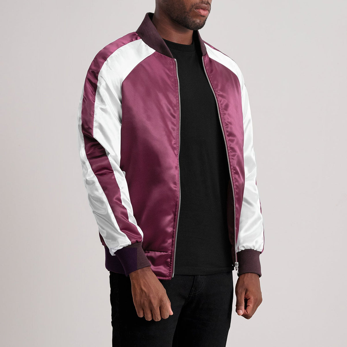 Maroon &amp; White Satin Aviator Jacket - Vista trasera con ajuste entallado en hombros y bajo impecable