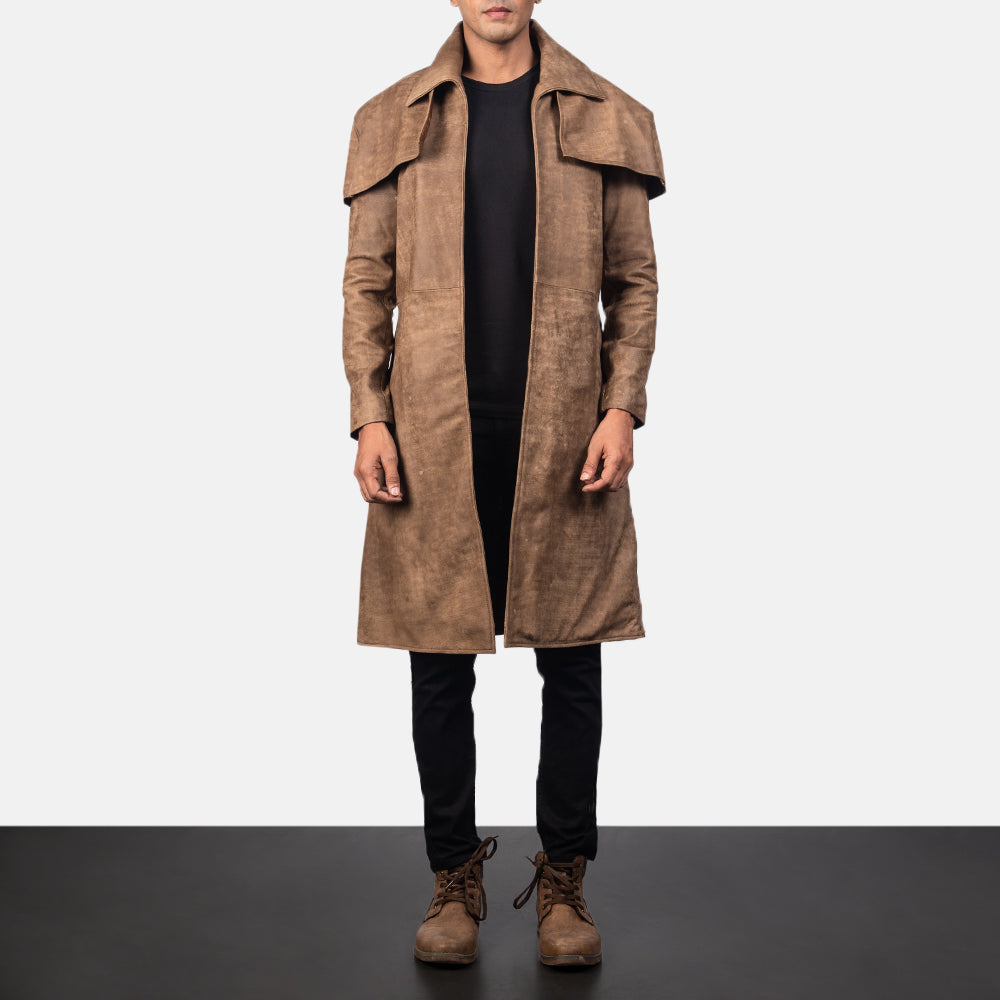 Men's Classic Marrón Leather Duster para Hombre in Distressed Brown Sheepskin Snuffed - Vista frontal y silueta a medida | Comprar online