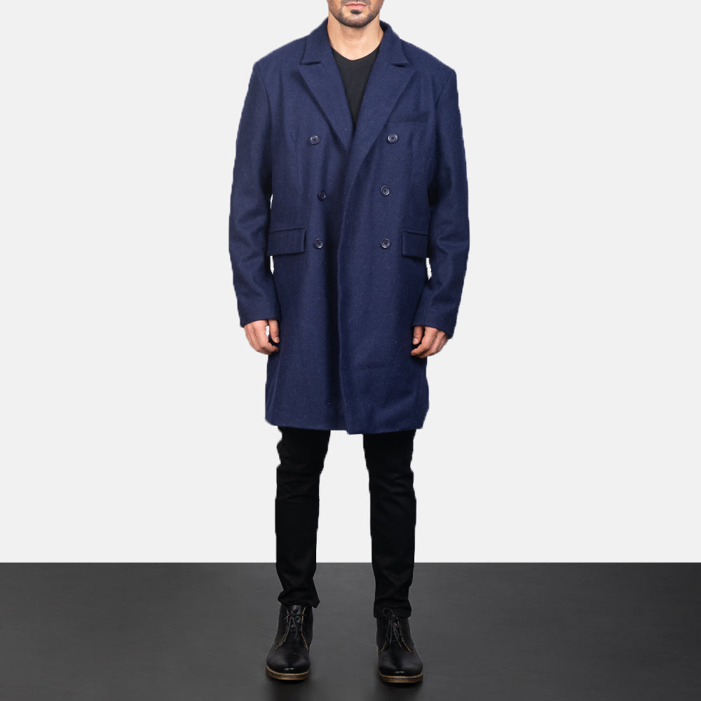 Men's Blue Wool Double Breasted Coat in Navy Blue Synthetic Wool - Vista frontal y silueta a medida | Comprar online