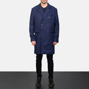 Men's Blue Wool Double Breasted Coat - Vista de perfil lateral con corte ergonómico de manga