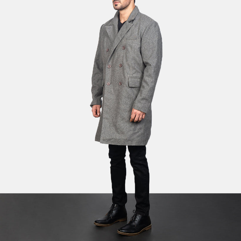 Claud Gris Wool Double-Breasted Abrigo de Cuero para Hombre