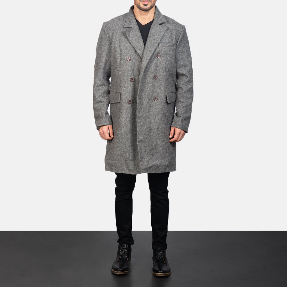 Men's Claud Grey Wool Double Breasted Coat - Vista de perfil lateral con corte ergonómico de manga