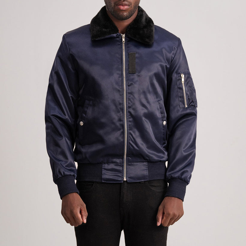 Clyde B-15 Blue Bomber Jacket in Blue Satin - Front Profile View & Tailored Silhouette | Buy Online