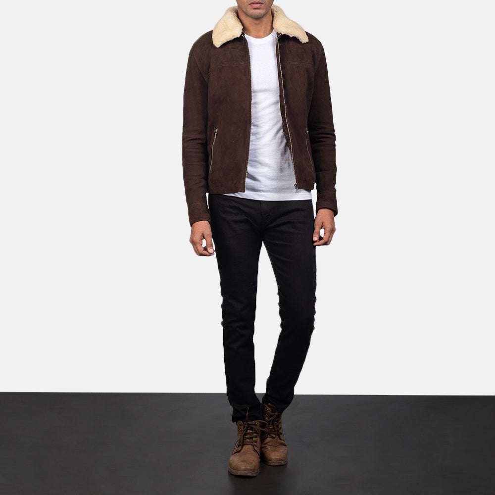 Men's Coffner Marrón Shearling Fur Chaqueta de Cuero para Hombre - Vista de perfil lateral con corte ergonómico de manga