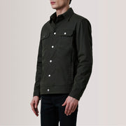 
Colberto Olive Waxed Canvas Trucker Chaqueta de Cuero para Hombre For Men - Vista lateral mostrando el corte ergonómico de mangas