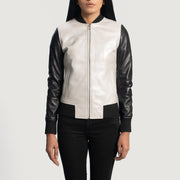Women's Cole Silver Cazadora Bomber de Cuero para Mujer in Silver &amp; Black Sheepskin Leather - Vista frontal y silueta a medida | Comprar online