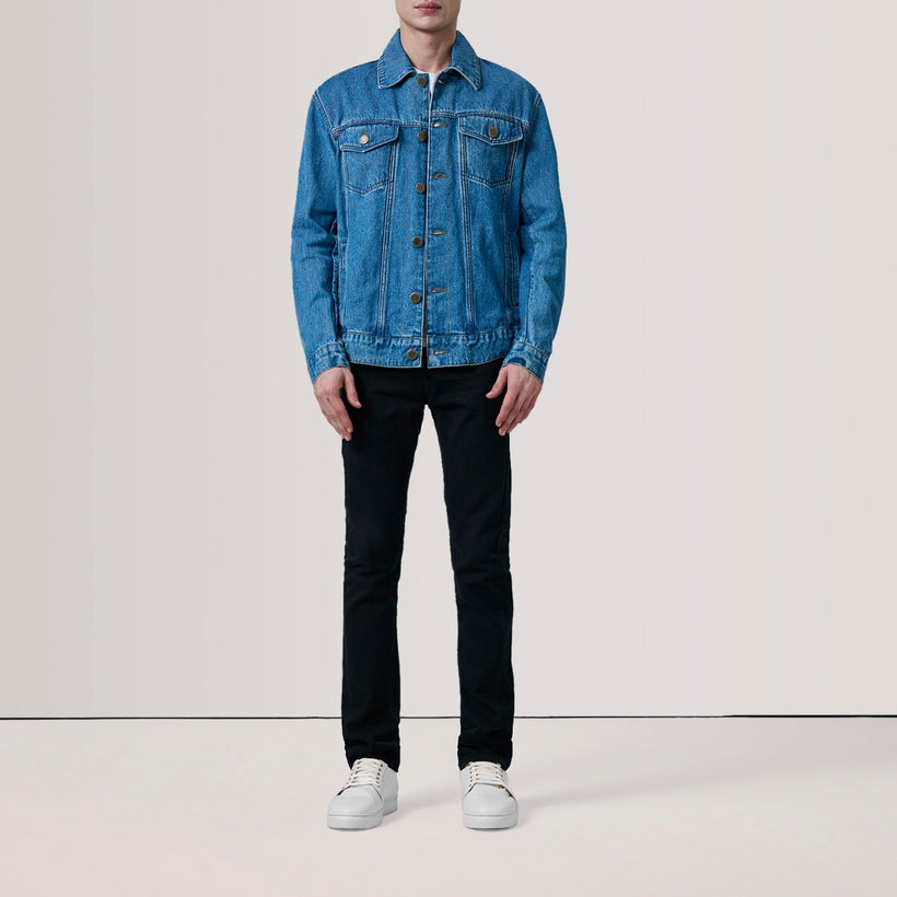 Conard Azul Denim Trucker Chaqueta de Cuero para Hombre