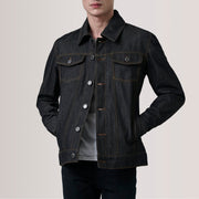 
Conard Faded Negro Denim Trucker Chaqueta de Cuero para Hombre For Men en cuero vacuno negro auténtico - Vista frontal y silueta entallada | Comprar online
