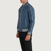 Blue Sheepskin Leather Varsity Jacket - Vista trasera con ajuste entallado en hombros y bajo impecable