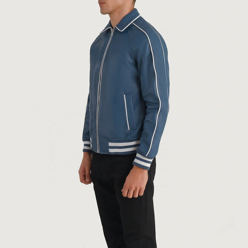 Cooper Azul Leather Varsity Chaqueta de Cuero para Hombre