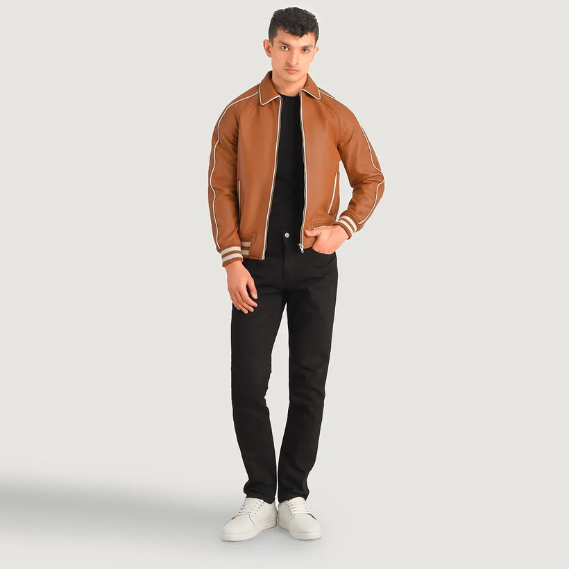Cooper Tostado Marrón Leather Varsity Chaqueta de Cuero para Hombre
