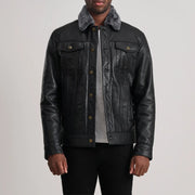 
Dallis Negro Leather Shearling Trucker Chaqueta de Cuero para Hombre in Black Sheepskin Leather - Vista frontal y silueta entallada | Comprar online