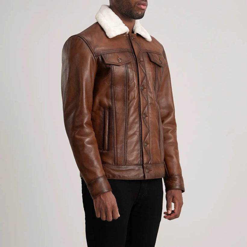 Dallis Marrón Leather Shearling Trucker Chaqueta de Cuero para Hombre