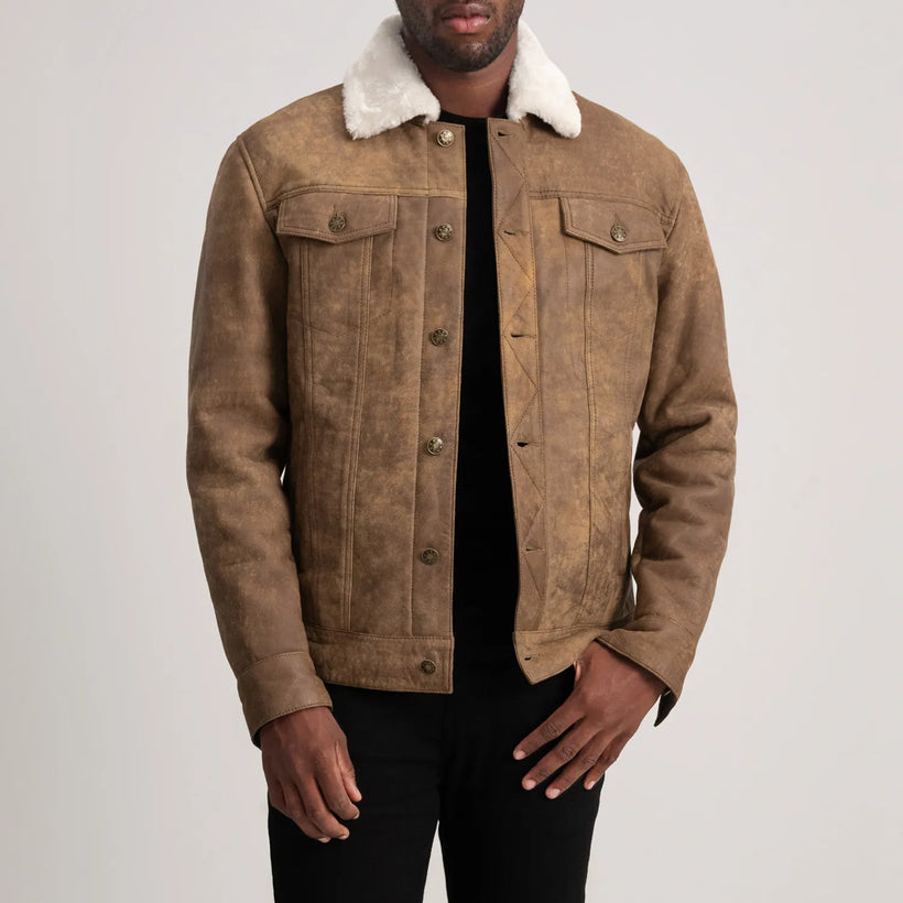 Dallis Efecto Envejecido Marrón Leather Shearling Trucker Chaqueta de Cuero para Hombre