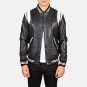 Men's Dantee Negro Leather Varsity Chaqueta de Cuero para Hombre in Black &amp; White Sheepskin Leather - Vista frontal y silueta a medida | Comprar online